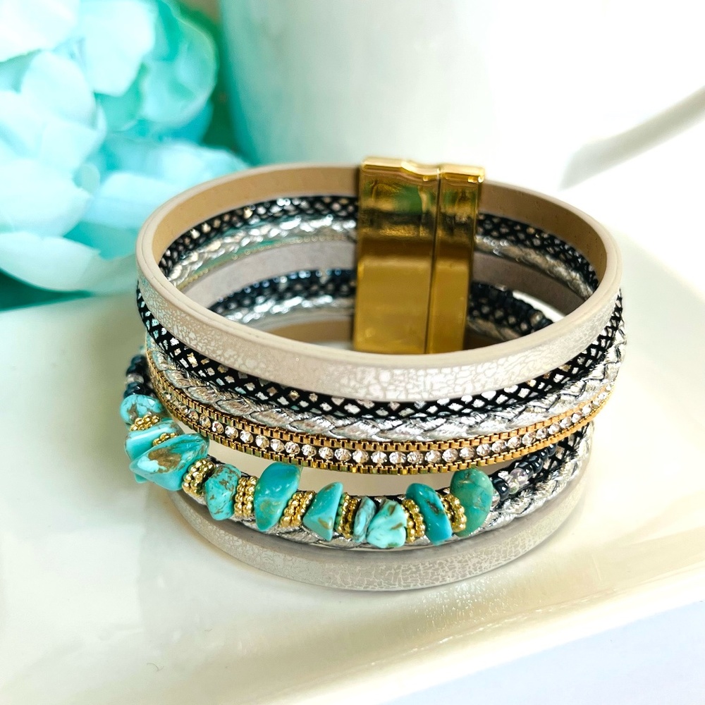 Silver Leather Wrap Turquoise Stone Bracelet